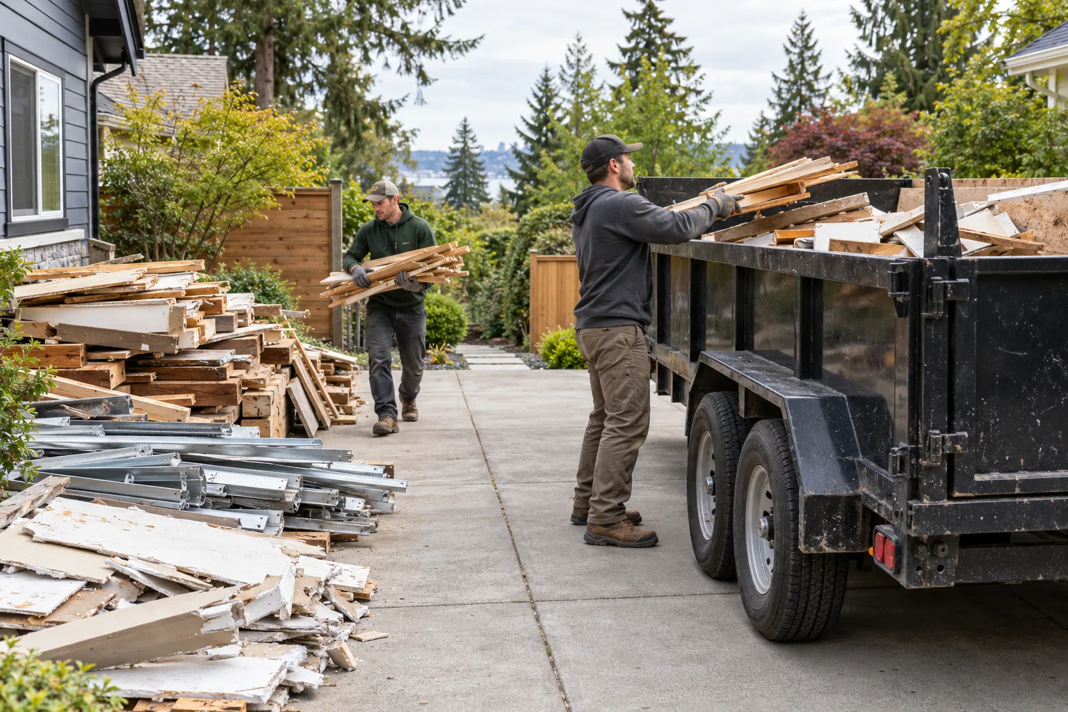 Workers loading sorted light construction debris into an unbranded trailer