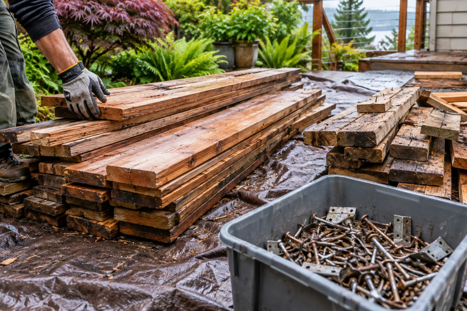 Cedar boards and metal fasteners sorted after deck dismantling