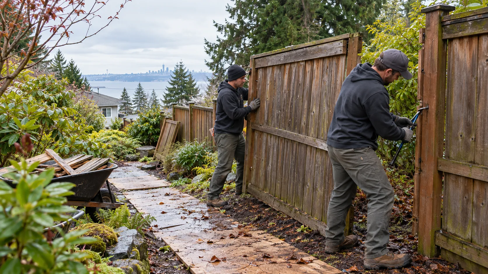 Workers removing an old cedar fence panel along a garden edge