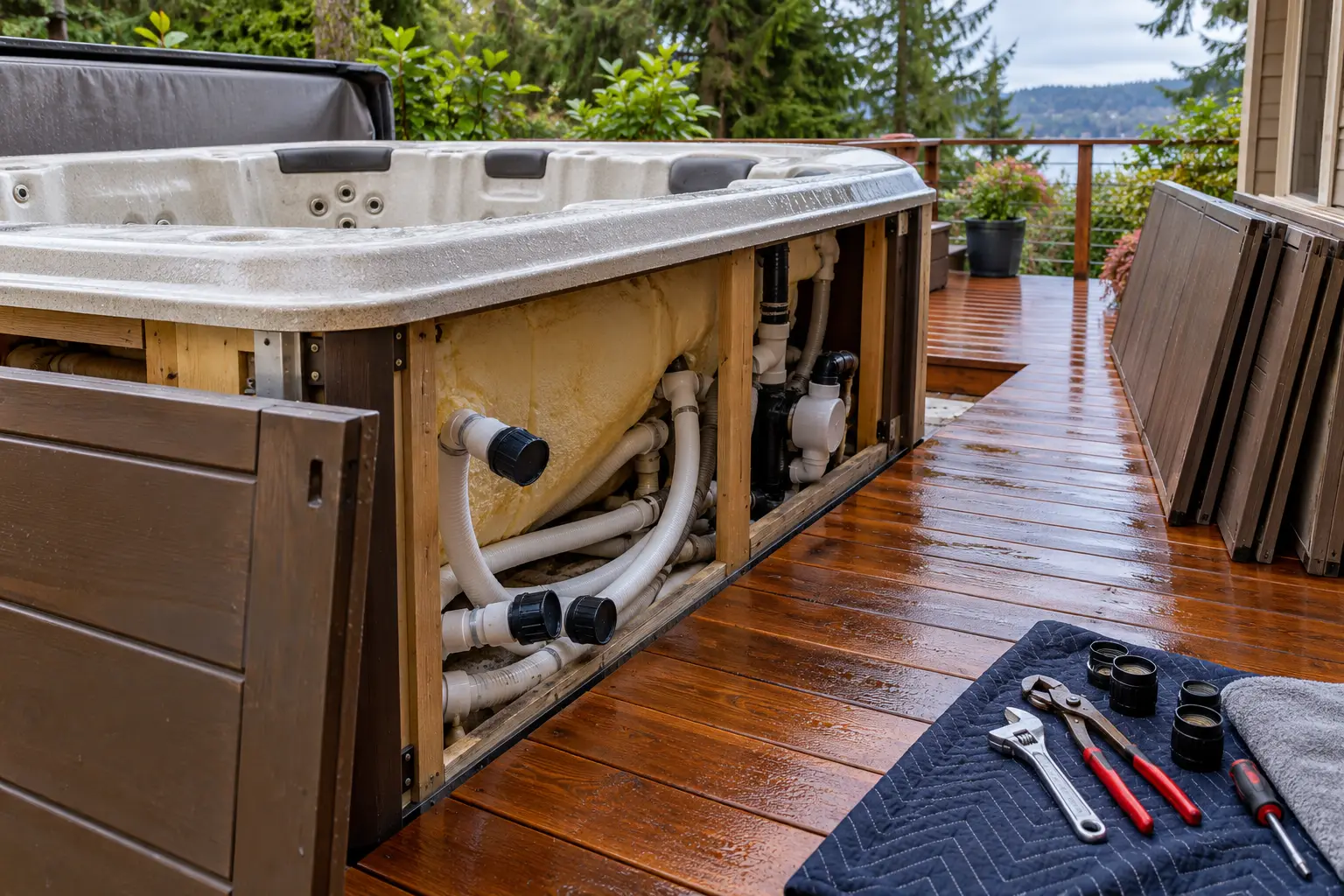 Open hot tub cabinet showing disconnected plumbing and a clear access path