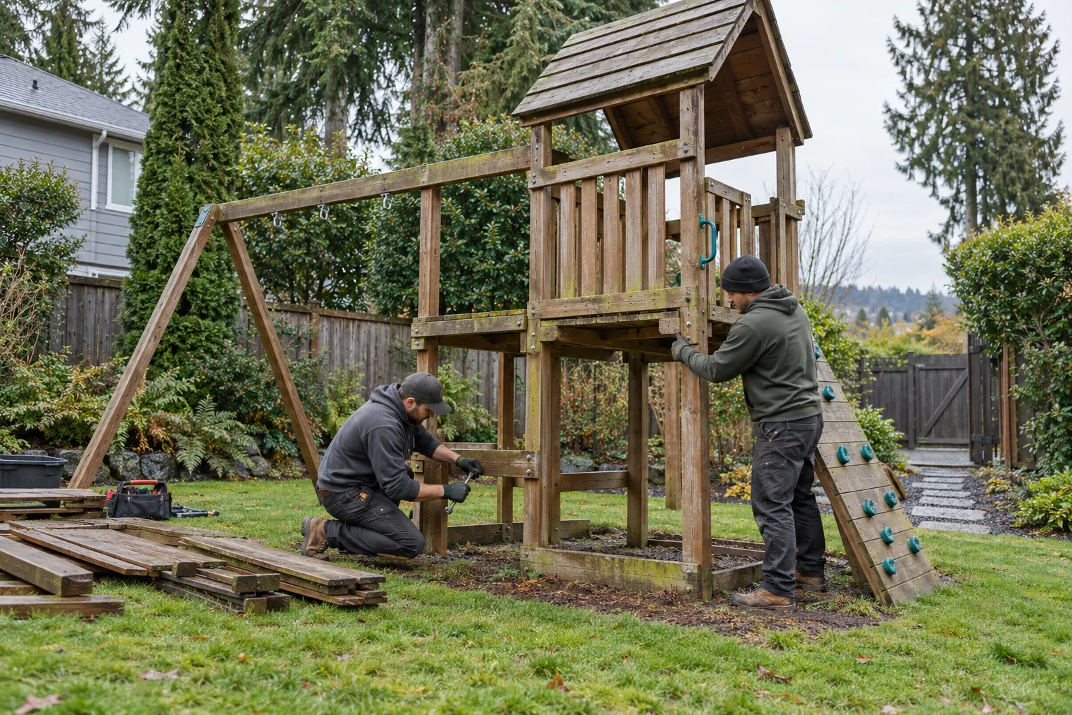 Workers dismantling a wooden backyard playset at ground level