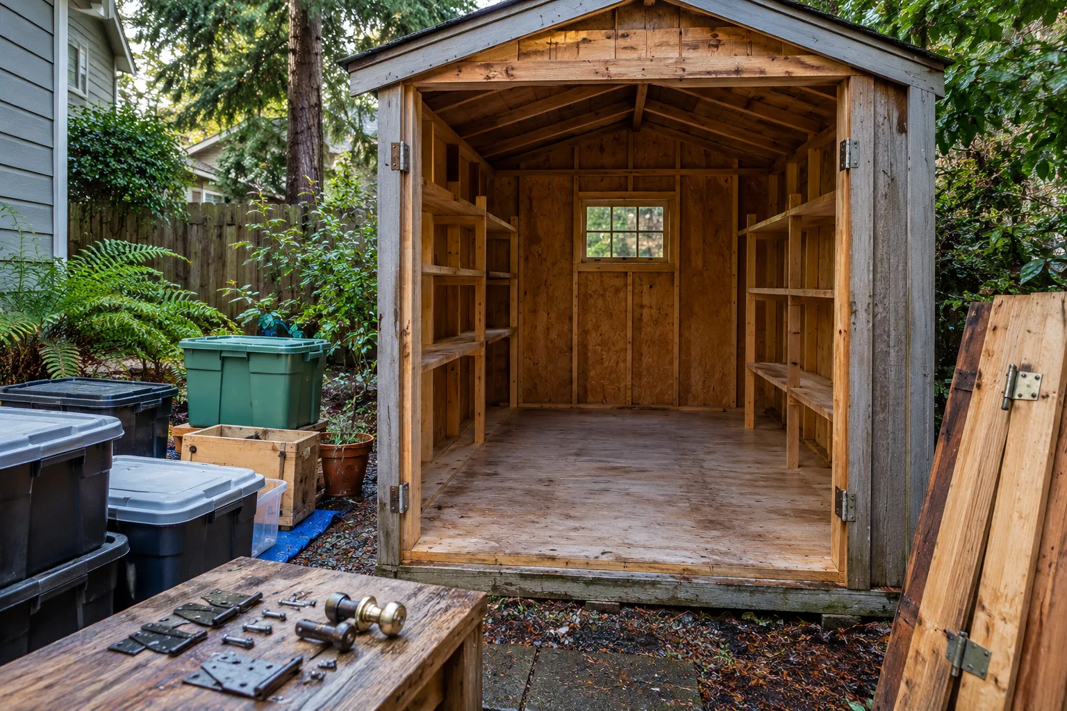 Empty garden shed with hardware organized before dismantling