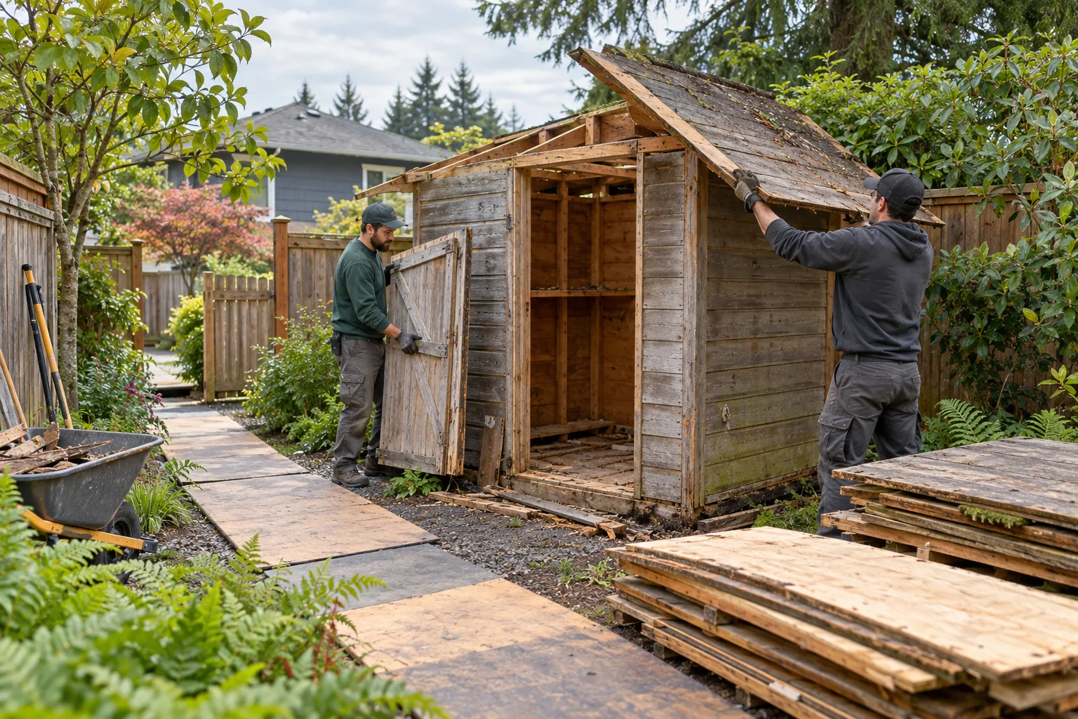 Workers dismantling a small weathered garden shed in a Seattle backyard